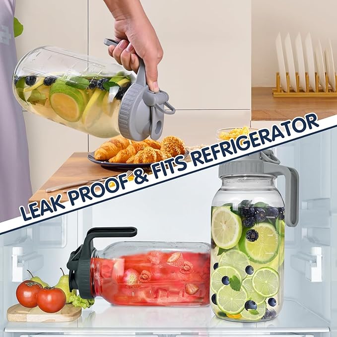 64OZ Glass Pitchers with Lid, Wide Mouth Water Jugs, Leak-Proof Airtight Mason Jars for Cold Brew Coffee, Iced tea, Milk, Food Storage, Sun Tea Jar (Grey)