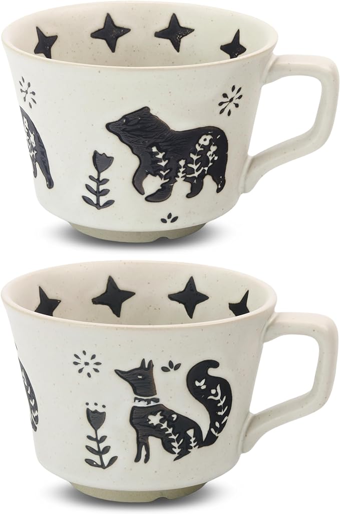 Ceramic Coffee Mug, 12 oz Novelty Unique Teacup with Large Handle, Stoneware Cup for Tea Mocha Latte Cappuccino Espresso (Set of 2, Fox and Bear)