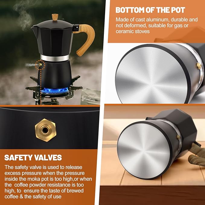 6 Cup Aluminum Espresso Stovetop Moka Pot Express Coffee Maker Percolator Italian Classic Mocha Coffee Machine for Italian and Cuban Cafe Brewing for Home & Camping 300ml 10oz