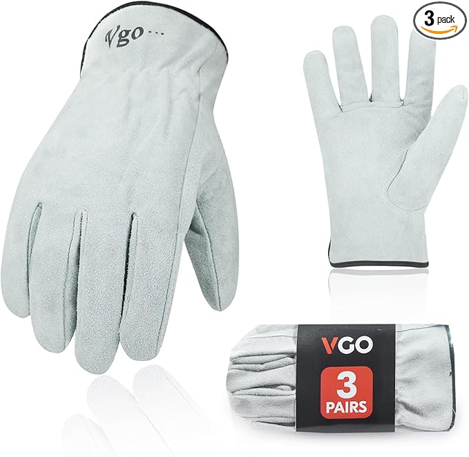 Vgo... 3-Pairs Unlined Cowhide Split Leather Work and Driver Gloves, for Heavy Duty, Truck Driving, Warehouse, Gardening, Farm (Size XL, White, CB9501)