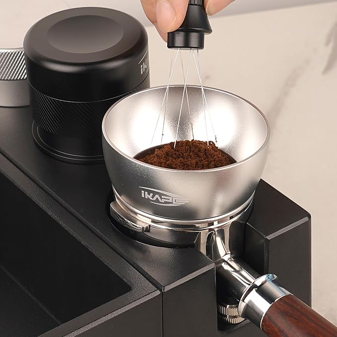 IKAPE Magnetic Dosing Funnel Set, 51MM Espresso Dosing Ring & Puck Screen Kit Compatible with Delonghi 51MM Bottomless Portafilter - with 8 Small Magnet (Silver)