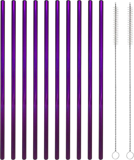 10 Pcs Stainless Steel Straws, Reusable Drinking Straws, Straight Metal Straw Sets with 2 Pcs Cleaning Brushes (10.5 Inch, Purple)