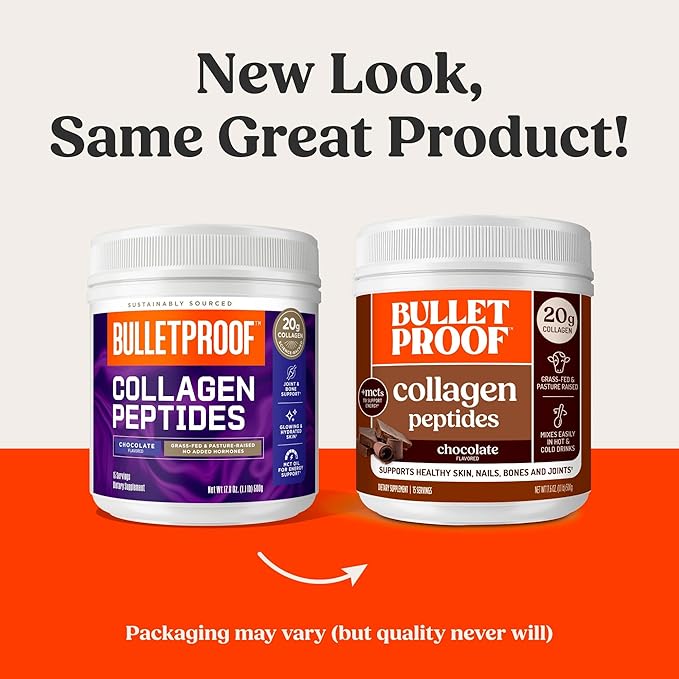 Bulletproof Chocolate Collagen Protein Powder with MCT Oil, 19g Protein, 17.6 Oz, Collagen Peptides and Amino Acids for Healthy Skin, Bones and Joints, Packaging May Vary