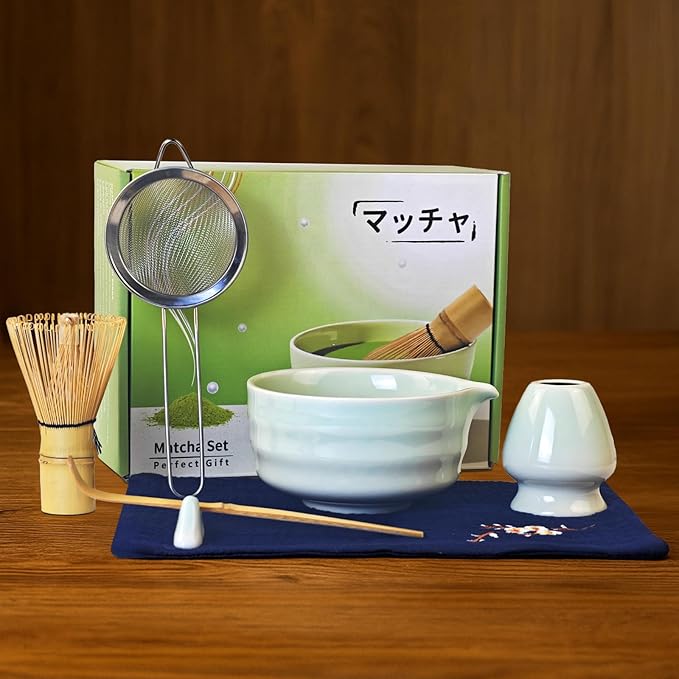 Matcha Whisk Set, 7 Pcs Ceramic Matcha Kit, Matcha Bowl with Spout, Matcha Whisk, Holder, Stainless Sifter, Bamboo Scoop and Tea Towel, Matcha Gift Set for Matcha Tea Lovers