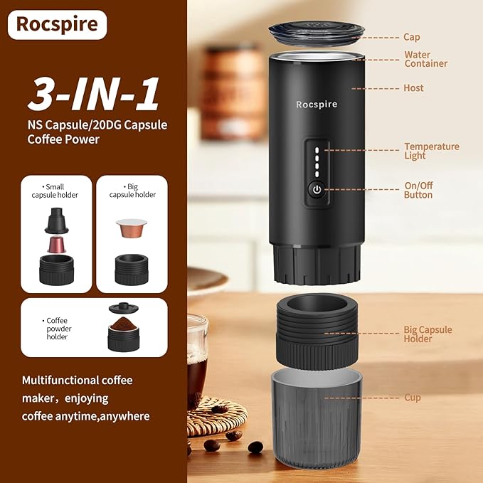 Stainless Steel Portable Espresso Maker | 7500mAh Rechargeable Battery | 20 Bar Self-Heating with USB-C | Works with Most Capsules Compatible for Camping, Travel, Outdoor (Black)