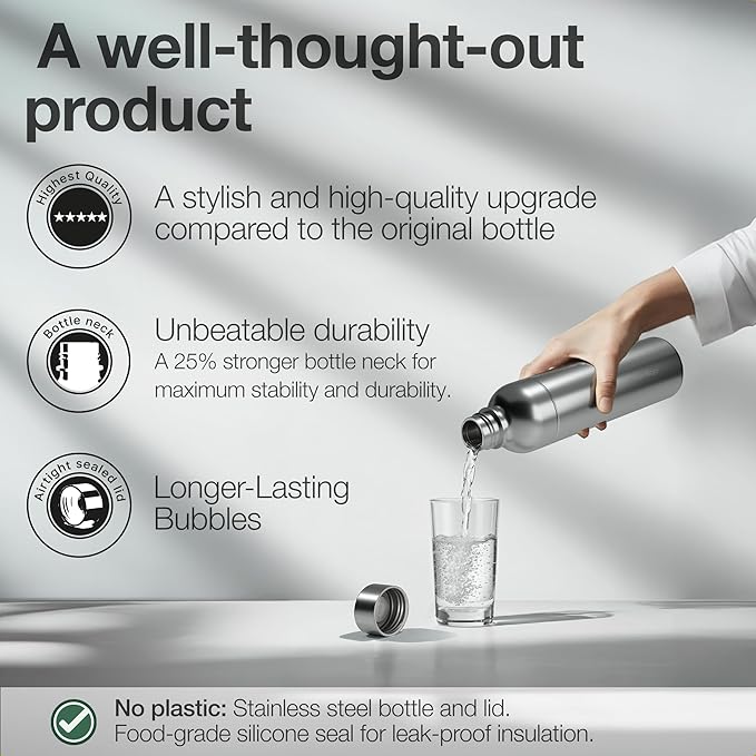 Premium 33 oz Stainless Steel Bottle | Compatible with Aarke Carbonator 3, Sodastream (excl. Aqua Fizz + Jet) and many others | Dishwasher Safe, No Expiration Date | 2-Pack