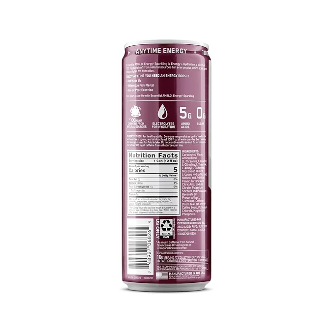 Optimum Nutrition Amino Energy Sparkling Hydration Drink, Electrolytes, Caffeine, Amino Acids, BCAAs, Sugar Free, Berry Burst, 12 Fl Oz, 12 Pack