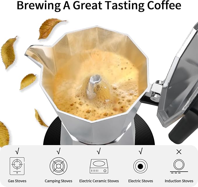 Mongdio Stovetop Espresso Maker Moka Pot, Stove Top Cuban Coffee Maker, Italian Greca Mocha Pot, 3 Espresso Cups, 5 oz - Silver