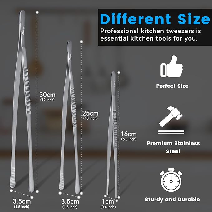 HOTEC Kitchen Tweezers Tongs Stainless Steel Professional Chef Tweezers, Set of 3-12", 10" and 6.3inch Food Tongs for Cooking, Repairing, Dessert, BBQ, Meat, Pasta