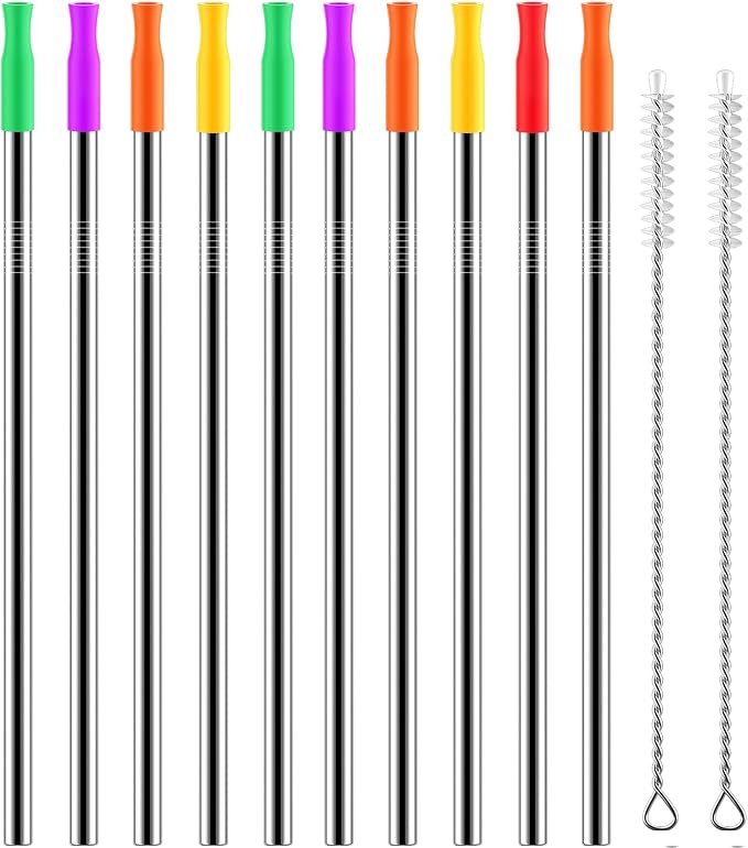 Stainless Steel Metal Straws with Silicone Tips Set of 10 Straight Reusable Drinking Straws for 20oz 30oz Tumblers (10.5'' L 0.24''Dia Staw + 2 Brushes)