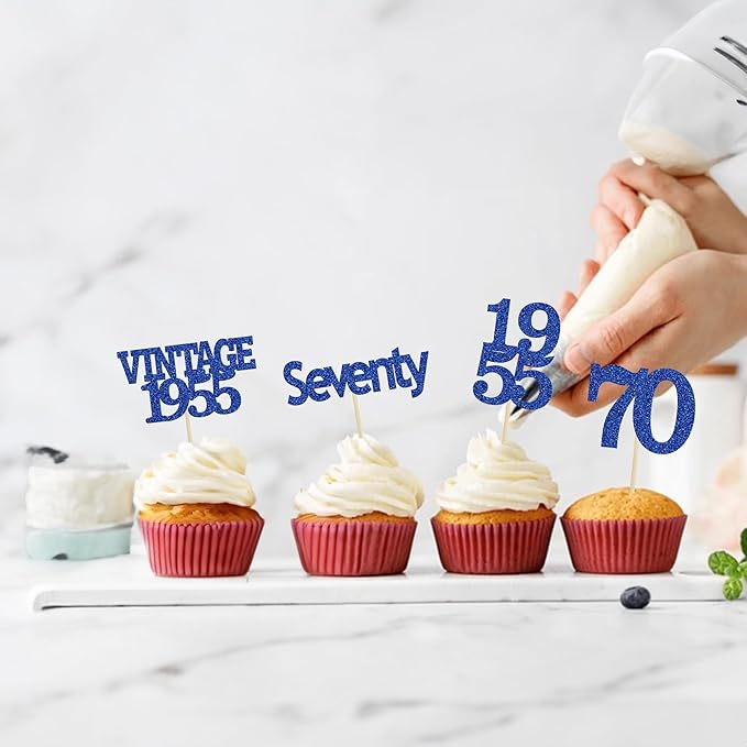 Gyufise 24Pcs Vintage 1955 Cupcake Toppers Glitter Cheers to 70 Fabulous Seventy Cupcake Picks 70th Birthday Wedding Anniversary Party Cake Decorations Supplies Deep Blue