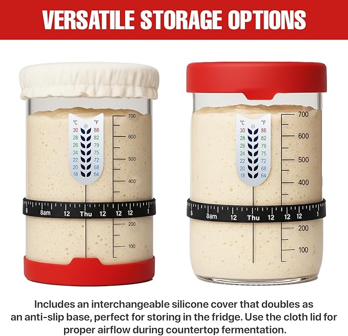Sourdough Starter Kit, 24 Oz Sourdough Jar with Measuring Cup, Thermometer, Spatula, Dough Scraper, Bread Lame, Silicone Base & Cloth Cover, Feeding Band, Bread Baking Supplies for Bakers (24 Oz)