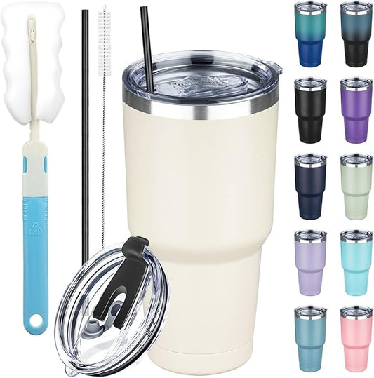 30 oz Tumbler with Lids and Straws, Stainless Steel Insulated Coffee Tumbler, Double Wall Vacuum Insulated Travel Mug Cup, Leakproof Thermal Coffee Cup for Hot and Cold Drinks (Cream)