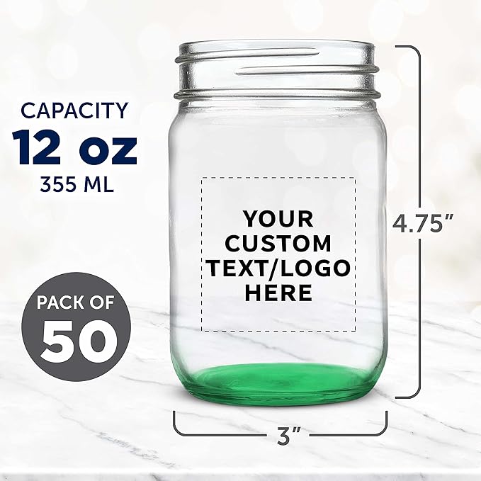 DISCOUNT PROMOS Custom Decorating Mason Jars 12 oz. Set of 50, Personalized Bulk Pack - Glass Jars for Overnight Oats, Candies, Fruits, Pickles, Spices, Beverages - Green