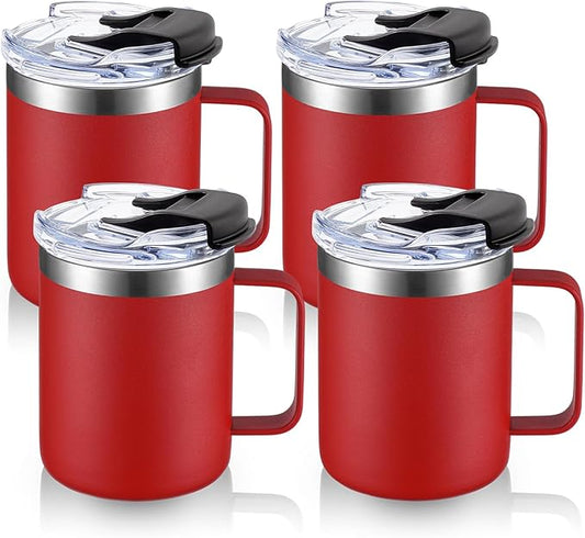 ALOUFEA 12oz Stainless Steel Insulated Coffee Mug with Handle, Double Wall Vacuum Tumbler Cup with Fliping Lid, Red, 4 Pack