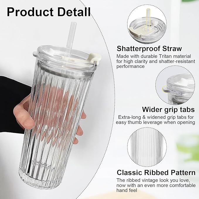 WERTIOO 20 Oz Ribbed Glass Tumblers with Straw and Lid, Glassware Drinking Glasses Set of 4, Leak Proof Ice Coffee Cups Reusable, Thickened Glass, Ideal for Iced Coffee, Smoothies and Juices