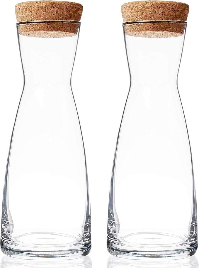Bormioli Rocco Ypsilon Carafe Set with Cork Lids, Set of 2-36.25 oz Stylish Drink Set for Water, Milk, Juice, or Wine - Dishwasher Safe Modern Glassware for Dining & Entertaining