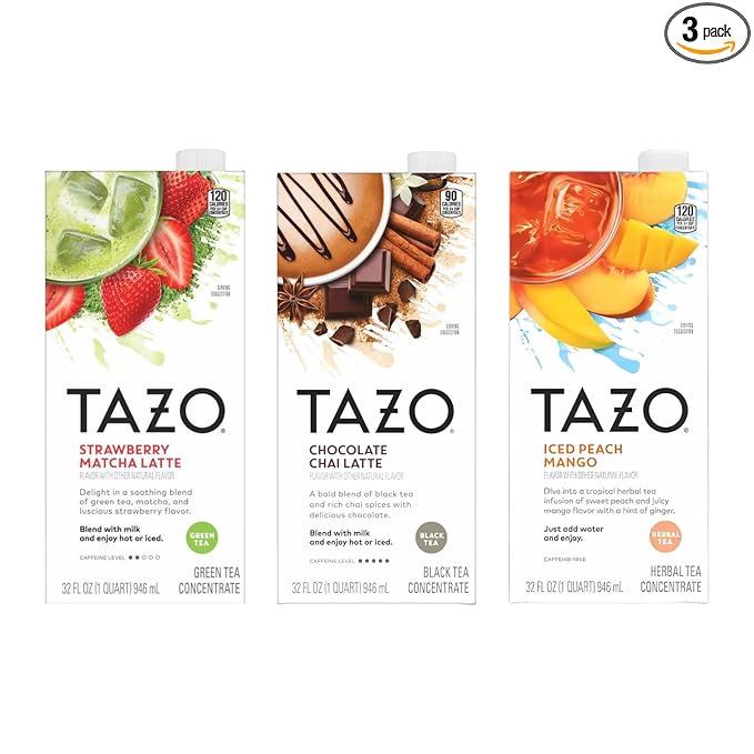 TAZO Tea Concentrate, Chocolate Chai Latte, Strawberry Matcha Latte, Iced Peach Mango 32 Fl Oz (1ea) (Variety Pack)
