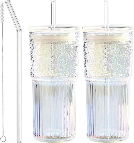 Glass Cups with Lids and Straws, 20 OZ Multi Iced Coffee Glasses Tumblers for Ice Water, Juice, Tea, Milk, Smoothie and Cold or Hot Drinks, Set of 2