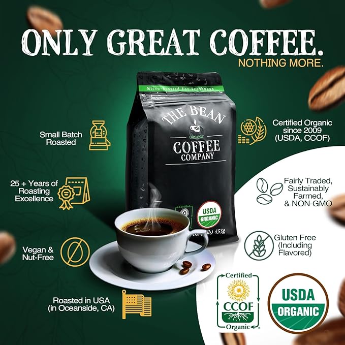 The Bean Organic Coffee Company African Blend, Medium Roast, Ground Coffee, 16-Ounce Bag, Café molido tostado orgánico