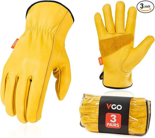 Vgo 3-Pairs Unlined Cow Grain Leather Work and Driver Gloves with Cow Split Leather Palm Patch (Size L, Gold,CA9590)
