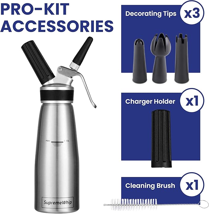 PRO Cream Dispenser, Durable High-Grip, Metal Lid with Rubber, 3 Nozzles, for Hot/Cold Use, Cleaning Brush Included, Silver - 500 ml / 1 Pint