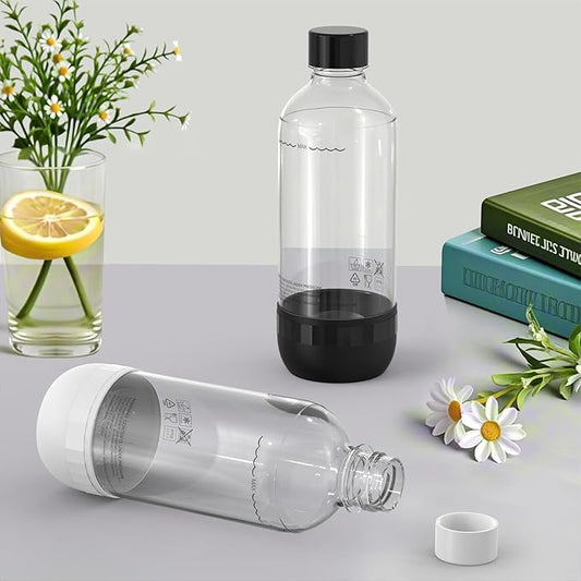 Soda Bottles 1 Litre - Set of 2 BPA-Free PET Reusable - 1 x Black & 1 x White Sparkling Water Bottles Compatible with Soda Machine & Water Carbonator