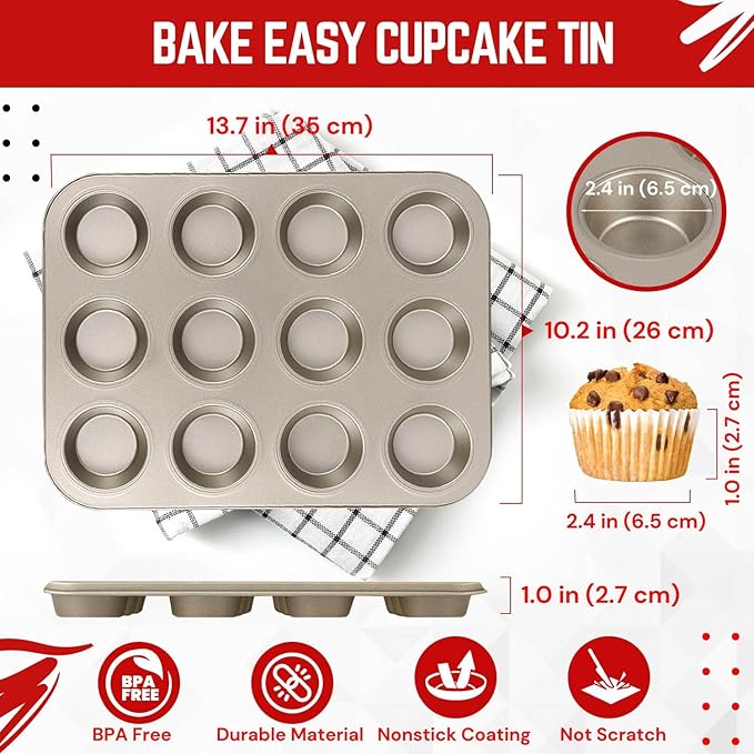 Flexzion Muffin Tray Cupcake Baking Pan 2 Pack, 12-Cup Nonstick Carbon Steel Muffin Tin Non-Stick Cupcake Tin Bakeware Accessories for Baking Cupcake Muffin Brownies Snack, Fridge Safe, Champagne Gold