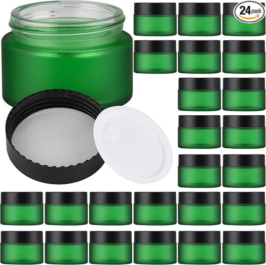 Glass Jars with Lids,Eco-Friendly Cosmetic Containers with Airtight Black Lids & Liners, Multi-Color Options for Cream, Lotion, Body Butter, DIY Skincare Travel Jars (Green Frosted, 1oz)