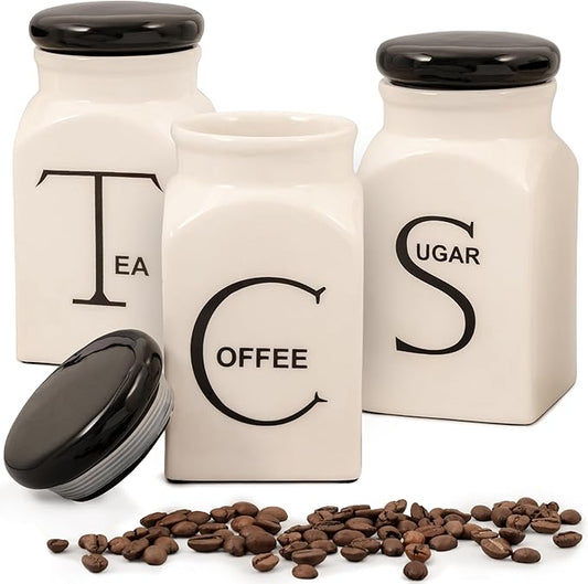 Ceramic Canister Set of 3 – Small Kitchen Canisters for Sugar, Coffee & Tea – Airtight Food Containers with Lids – Coffee Canister, Sugar Container, Tea Set