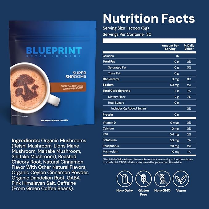 Blueprint by Bryan Johnson Super Shroom Coffee – Mushroom Coffee with Lion’s Mane, Reishi & GABA – 70mg Caffeine – Focus & Energy Coffee – Adaptogenic Coffee Alternative – 30 Servings