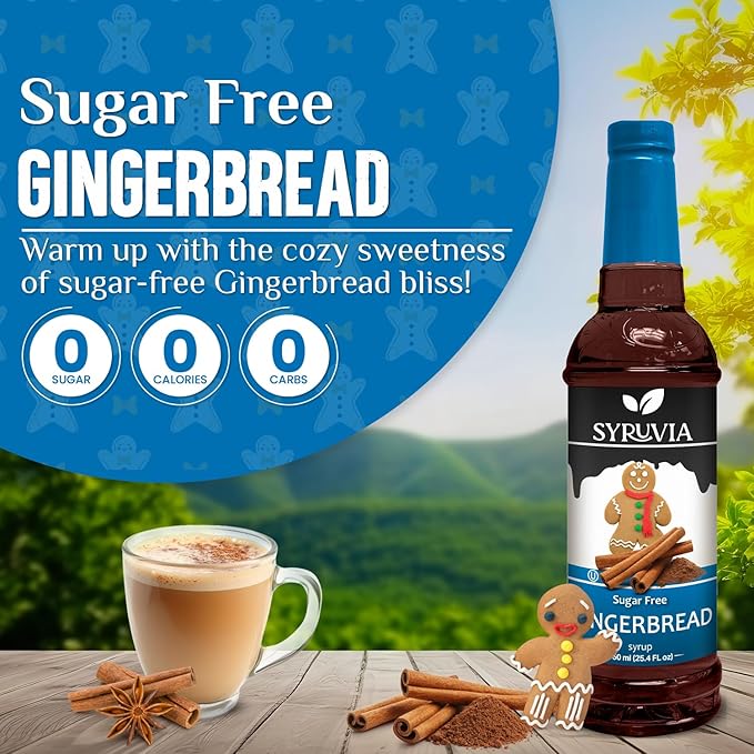 Syruvia Sugar Free Gingerbread Syrup for Coffee, Flavored Syrup for Drinks, Lattes, and Desserts – 25.4 fl oz, With Pump