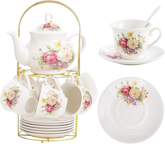 20-Pieces Porcelain Tea Sets For Women, Tea Set For Adult with Golden Metal Rack,Tea Gift Sets for Home&Party(012)