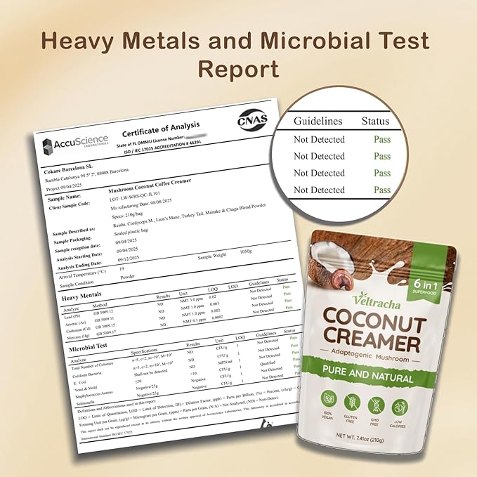 Veltracha Mushroom Coffee Creamer, Superfood Coconut Creamer Powder with 6 Adaptogenic Mushrooms - Reishi, Turkey Tail, Lions Mane, Non-Dairy Coconut Powdered Creamer for Energy & Focus & Digestion, 30 Servings