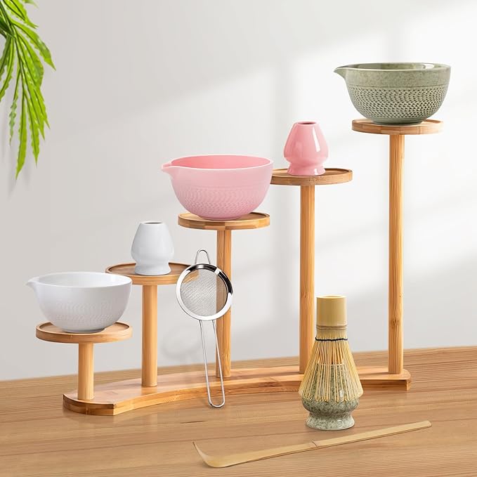 Matcha Whisk Set, Ceramic Matcha Set, Matcha Bowl with Spout, Matcha Whisk & Holder, Sifter and Bamboo Scoop, 5 Pcs Matcha Kit, Matcha Tea Ceremony Gifts for Matcha Lovers & Starter (White)