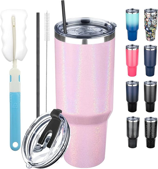 40 oz Tumbler with Lids and Straws, Stainless Steel Insulated Coffee Tumbler, Double Wall Vacuum Insulated Travel Mug Cup, Leakproof Thermal Coffee Cup for Hot and Cold Drinks (Glitter Pink)