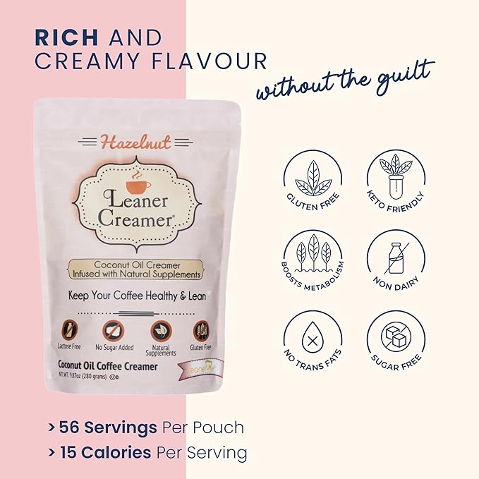 Leaner Creamer Coconut Creamer with Superfood Ingredients – Non-Dairy, Sugar-Free, Keto, Gluten-Free Powdered Coffee Creamer – Hazelnut Flavor – 280g