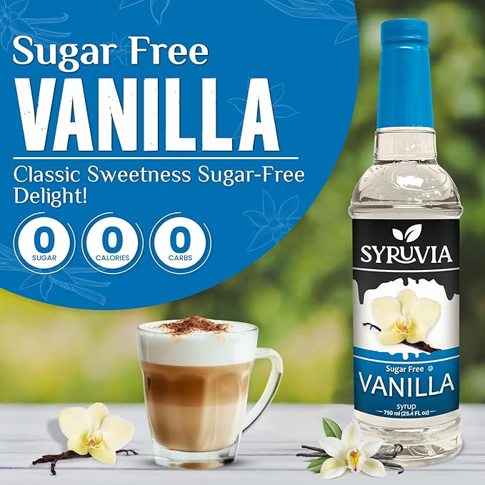 Syruvia Sugar Free Coffee Syrup, Vanilla Flavored Syrup for Drinks, Lattes, and Desserts – 25.4 fl oz, With Pump