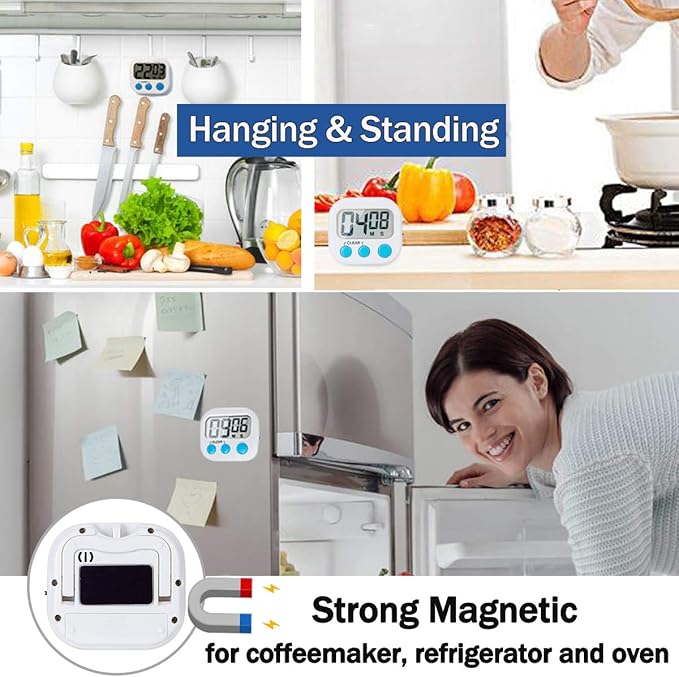 2 Pack Digital Kitchen Timer for Cooking Big Digits Loud Alarm Magnetic Backing Stand Cooking Timers for Baking White