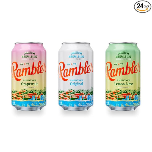 AUTX RAMBLER Sparkling Water, Texas Limestone Mineral Blend, Variety Pack (Original, Lemon-Lime, Grapefruit), 12-Ounce Cans, One 8-Pack Each x 3 Flavors (24 Cans Total)