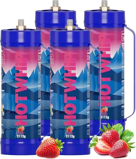 whipped cream charger,4x2112g 3.3L Strawberry Flavor 99.99% Purity Food Grade Premium Whip Cream Cartridge With Nozzle（4,2112g Strawberry)