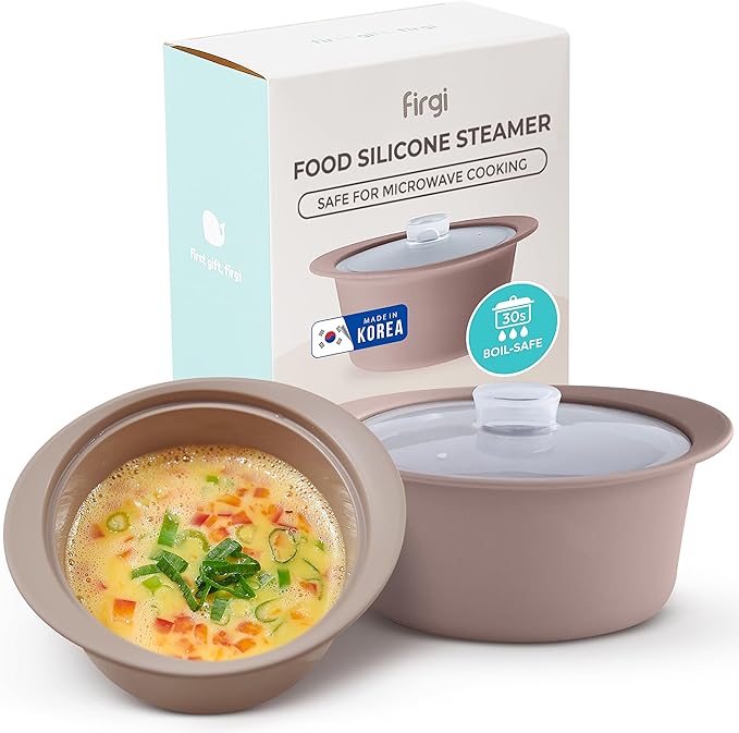 27oz Platinum Silicone Microwave Steamer Pot with Handle & Lid - Korea 100% Food-Grade Steamer Bowl, Heat-Resistant Cooker with Steam Holes, Easy Clean, Dishwasher Safe, Taupe Brown