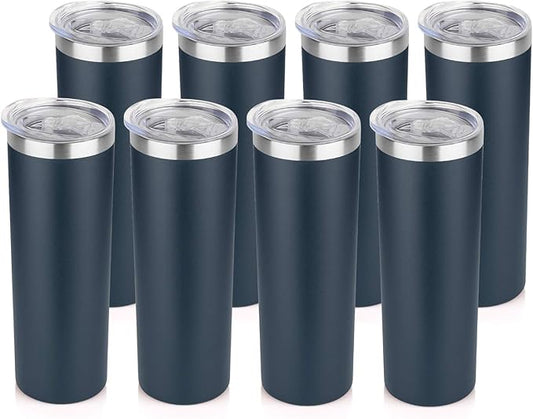 HASLE OUTFITTERS 20 oz Skinny Tumblers Bulk Set, Stainless Steel Insulated Slim Tumblers with Lids, Reusable Double Wall Travel Coffee Mugs, Durable Powder Coated Travel Water Cups(Navy, 8)