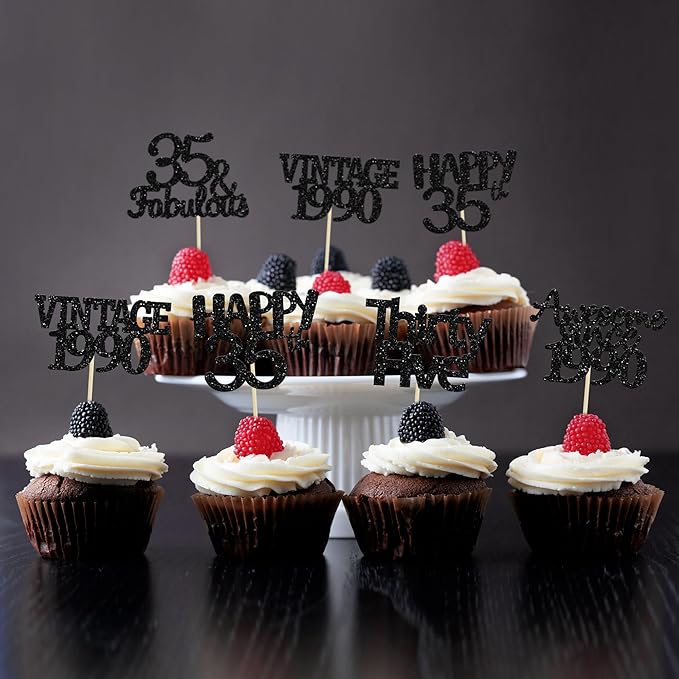 Gyufise 30 Pack Vintage 1989 Cupcake Toppers Black Glitter Thirty Five Happy 35 Cake Decorations Cheers to 35 Years Birthday Cupcake Picks 35th Birthday Anniversary Cake Decorations