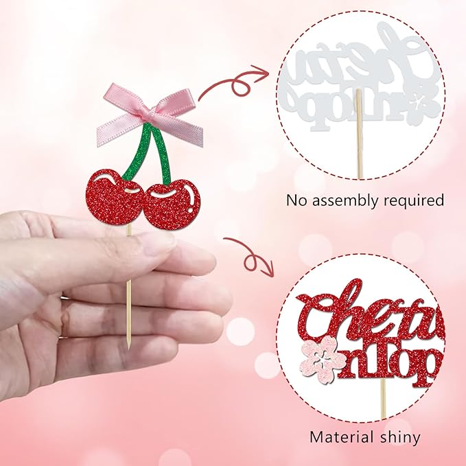 24 Pack She's the Cherry On Top Cupcake Toppers, Glitter Cherry Sweet Cake Pick for Fruits Theme Baby Shower and Bridal Shower Decorations Supplies (Ribbon Top)
