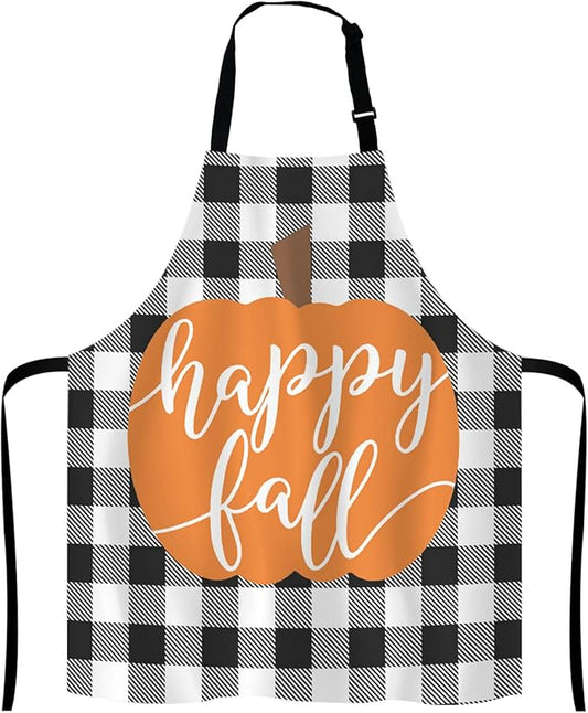 Happy Fall Pumpkin Thanksgiving Pillow case Buffalo Plaid Adjustable Bib Apron Kitchen Cooking Baking Gardening Apron for Women Men