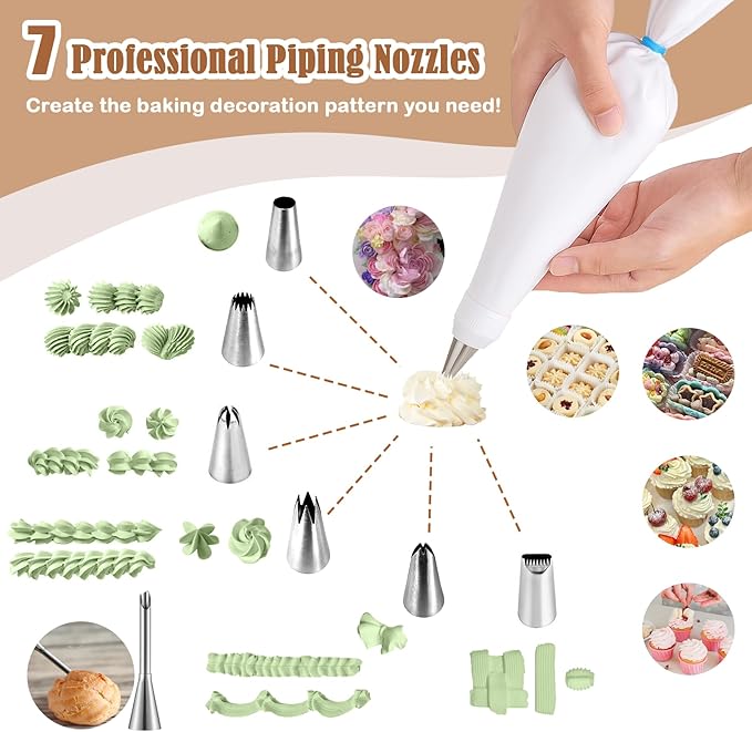 14-Piece Reusable Piping Bags and Tips Set- Cotton Baking Kit with Coupler, Stainless Steel Nozzles,Silicone Cable Ties& Cleaner for Cakes/Cupcakes/Cookies Decorating