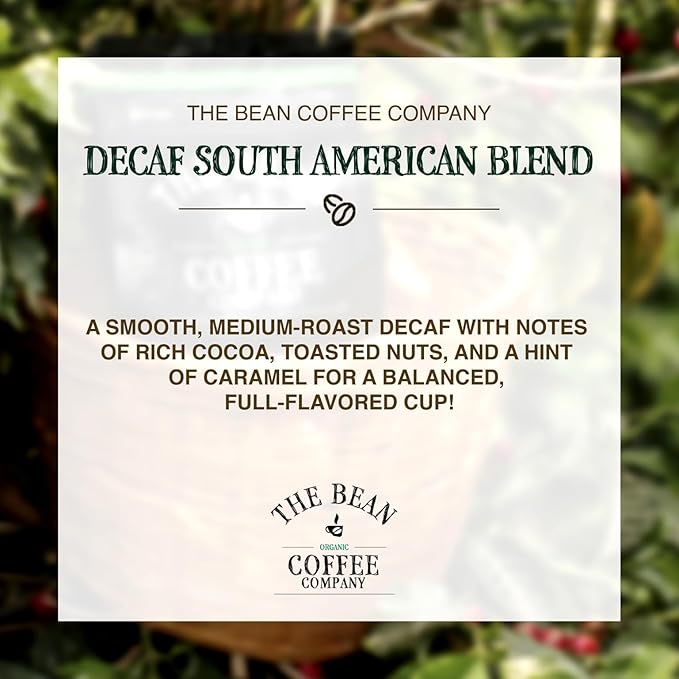 The Bean Organic Coffee Company Water Processed DECAF South America Blend, Medium Roast, Ground Coffee, 16-Ounce Bags (Pack of 2), Café Molido Tostado Orgánico descafeinado