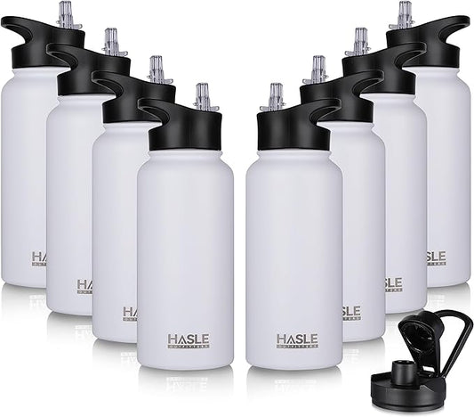 HASLE OUTFITTERS 32 oz Insulated Water Bottle Stainless Steel Double Walled Vacuum Sports Water Bottle with 2 Lids (Straw and Spout Lid) for Gym Camping Hiking(White,8)