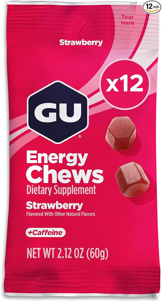 GU Energy Chews, Strawberry Energy Gummies with Electrolytes, Vegan, Gluten-Free, Kosher, 20 mg of Caffeine, and Dairy-Free On-the-Go Energy for Any Workout, 12 Bags (24 Servings Total)